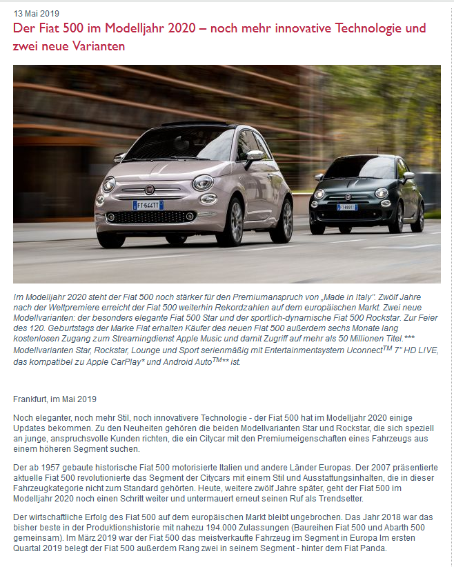Fiat 500 Star e RockStar (Nuovi Allestimenti 2019)