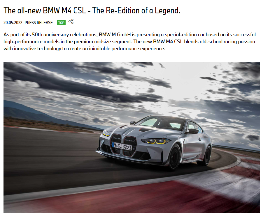 The all-new BMW M4 CSL - The Re-Edition of a Legend.