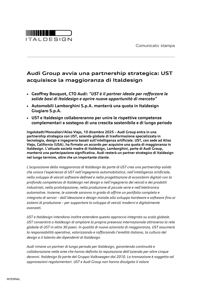 Volkswagen acquista il 90,1% di Italdesign